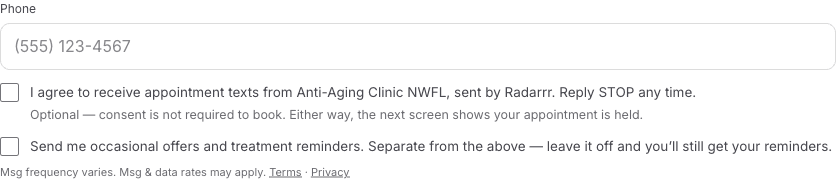 Booking form consent step: two unchecked, optional checkboxes for appointment texts and offers, the appointment-text box labelled "Optional — consent is not required to book", with message frequency and data-rate disclosure.